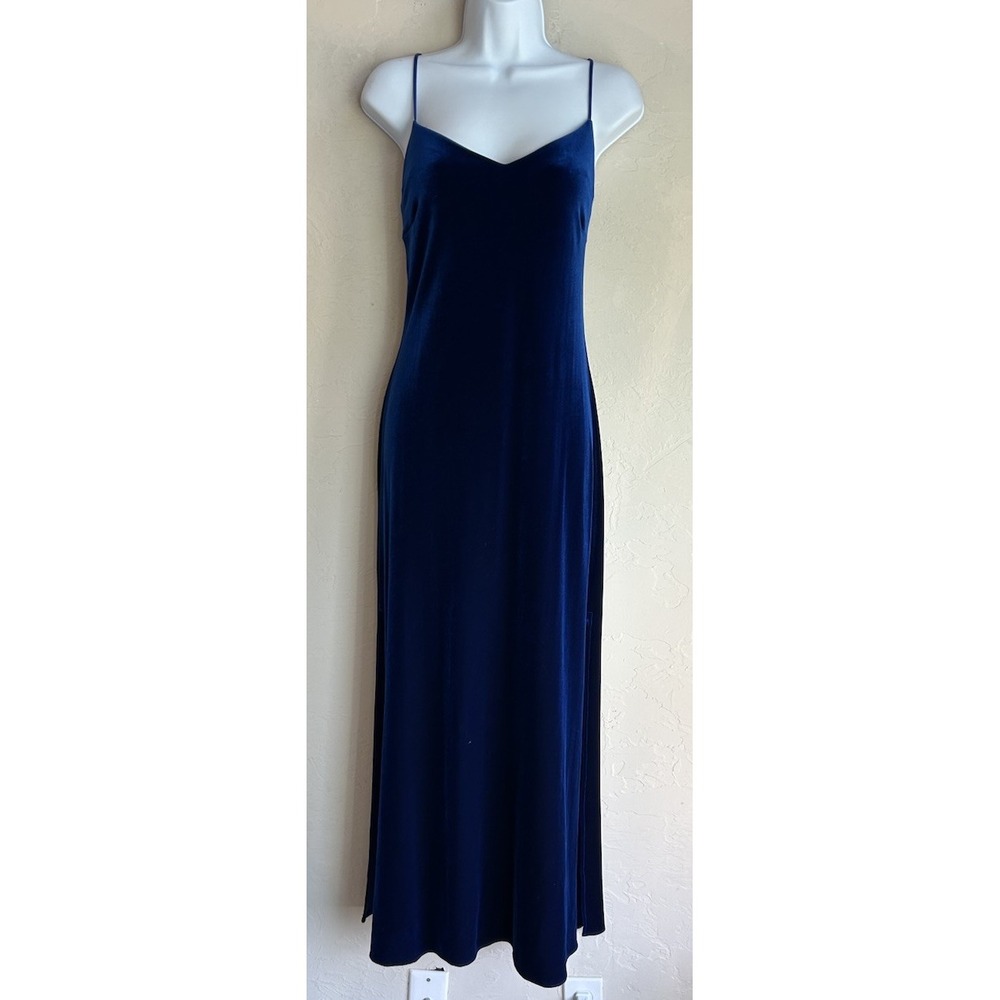 Vintage 90s Y2K Niki Livas Velvet Slip Dress‎ 8 Blue Formal Rhinestone Prom Sexy